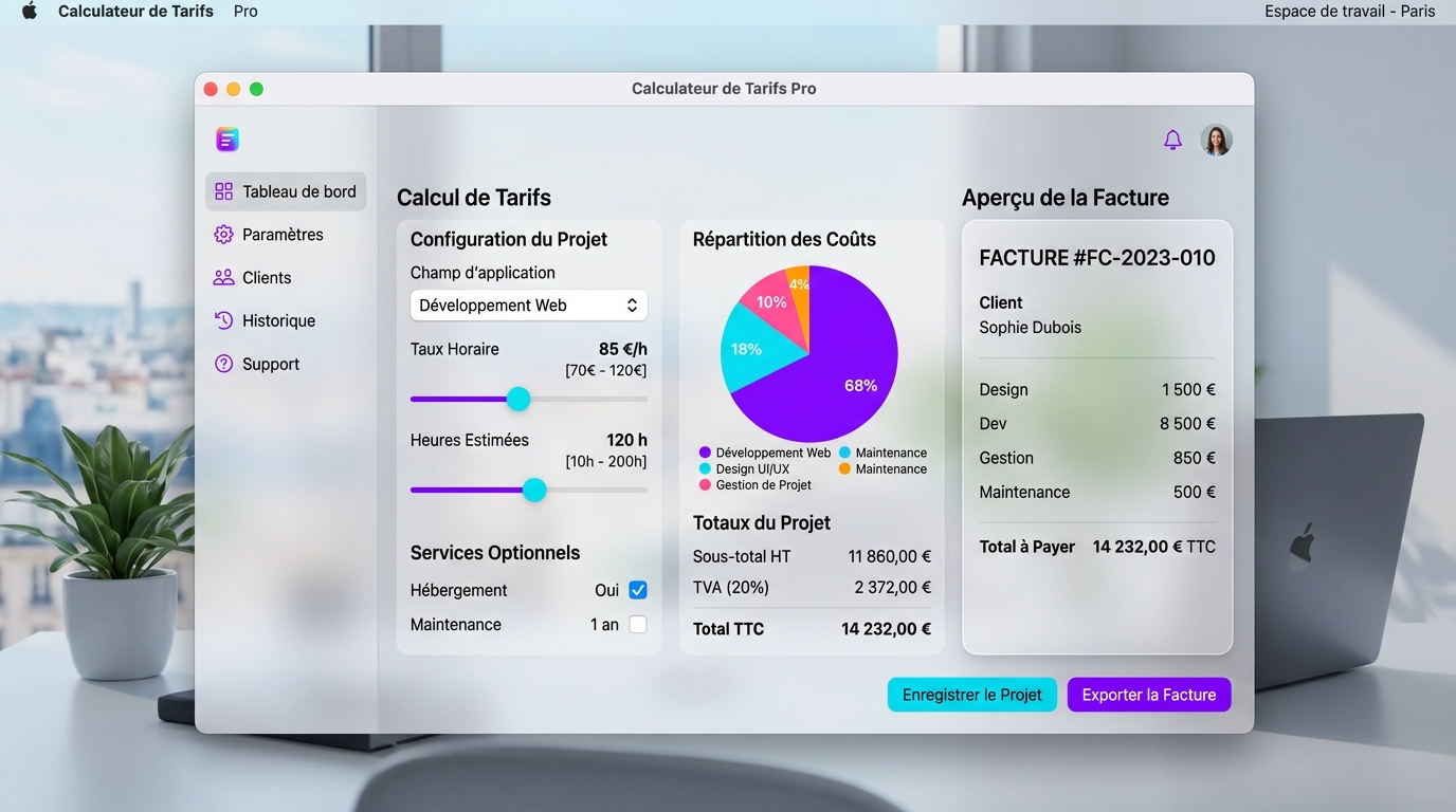 Interface du logiciel Calculateur de Prix développé par CB-Créa