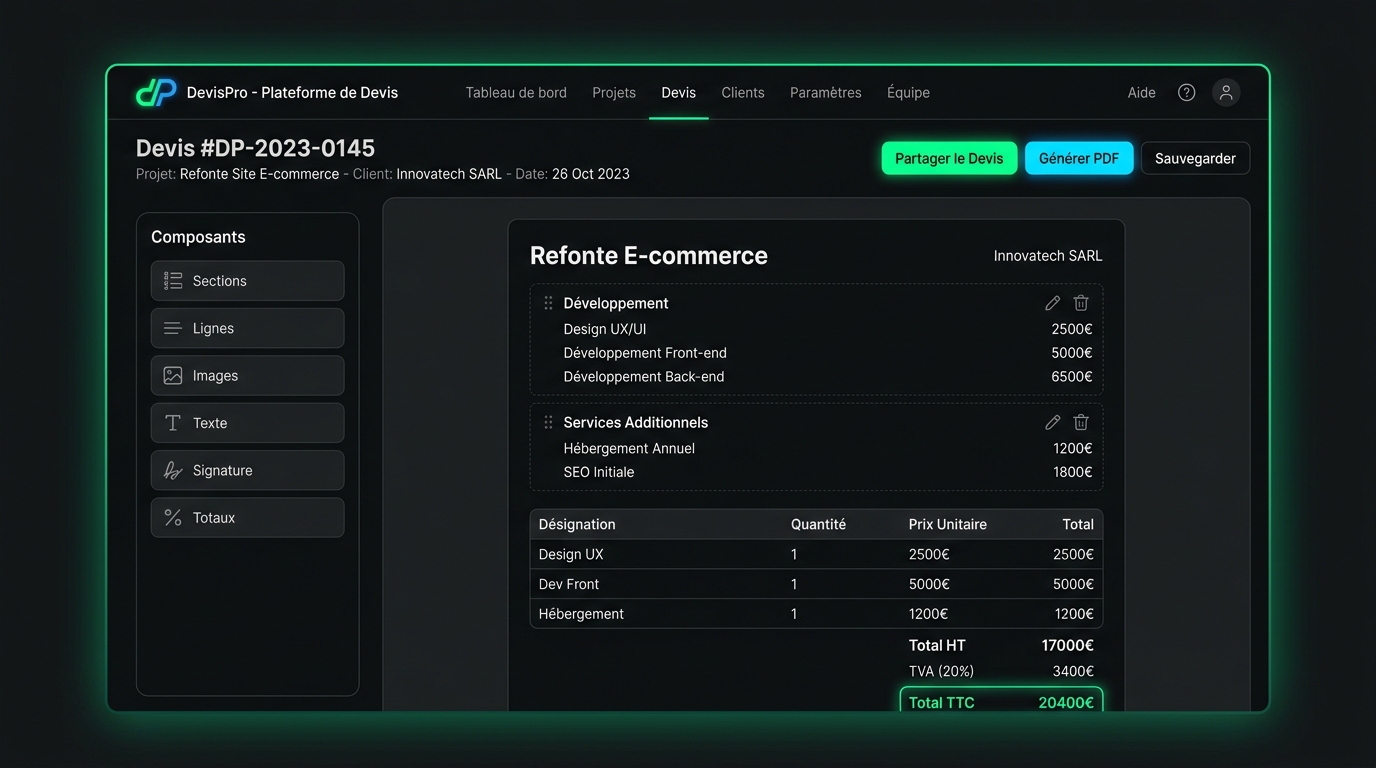 Interface du logiciel DevisPro — création et gestion de devis clients en français